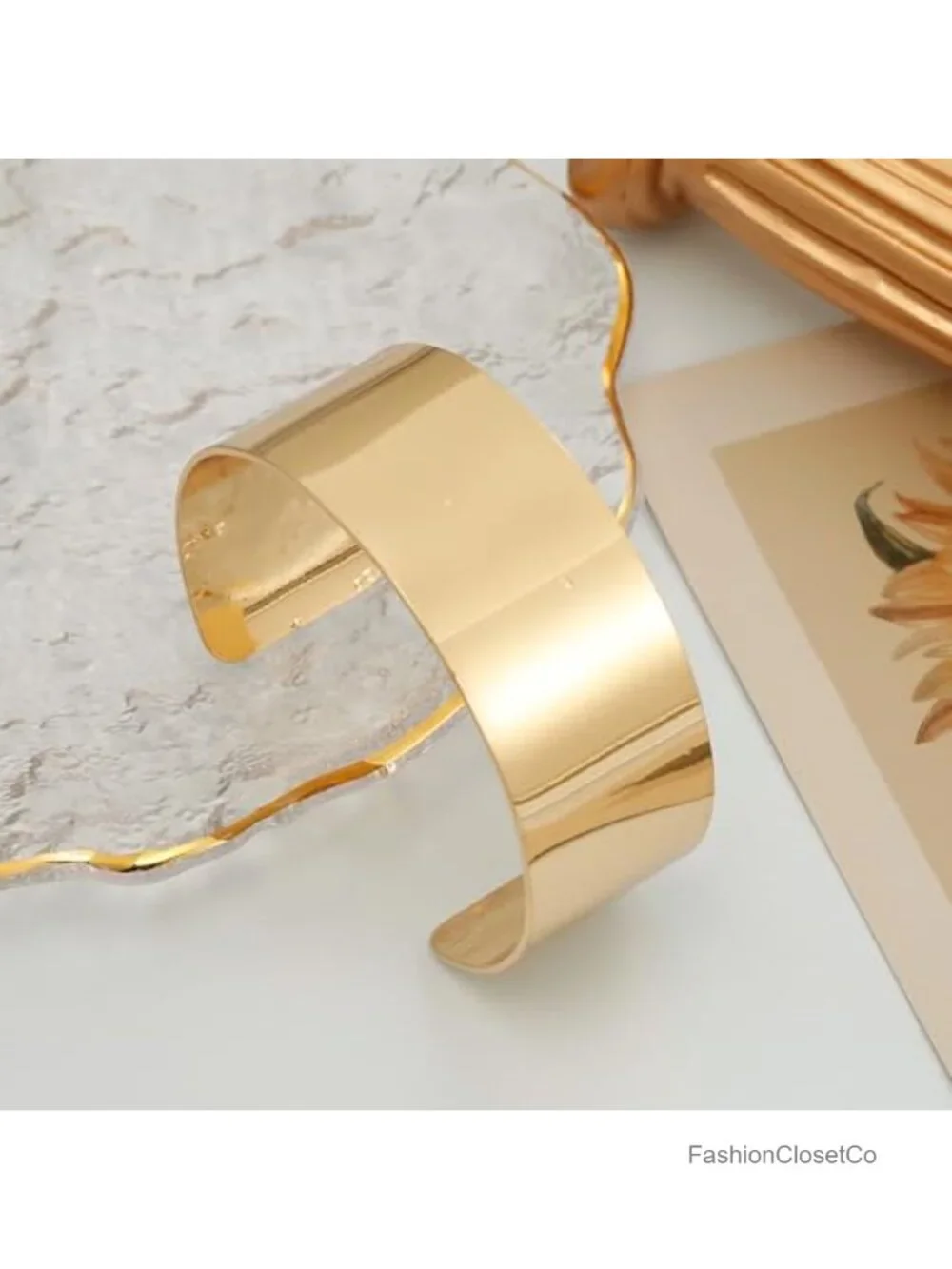 2PCS Gold Plated Open Cuff Bracelets Set Adjustable Wide Bangles Wrist Wrap